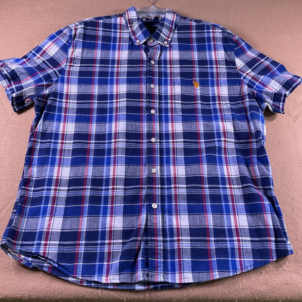 US Polo Assn Mens XL Short Sleeve Button Down Shirt Blue Plaid Stretch 11C986VP